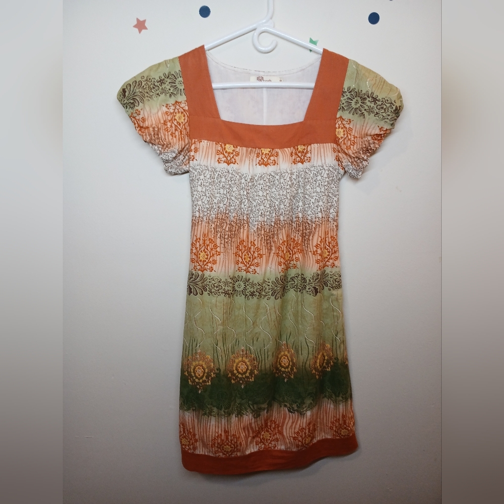 Aryeh Multicolor Boho Print Dress | Square Neck, Puff Sleeve | Size S